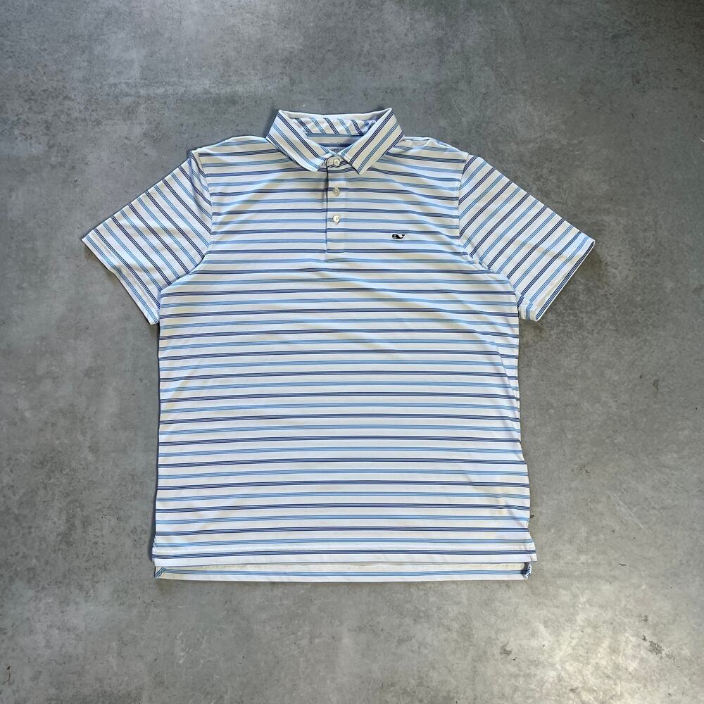 Vineyard Vines Polo Shirt Mens Large Blue Whale Stretch Striped Performance Golf